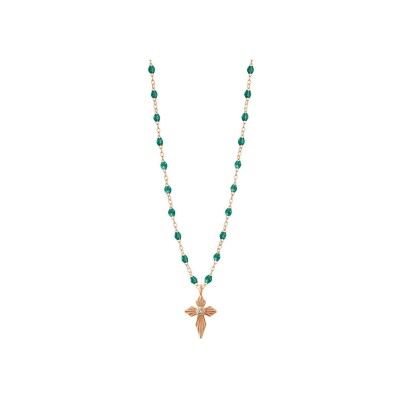 Gigi Clozeau Croix lumière necklace, pink gold, emerald green resin and diamond, 42cm