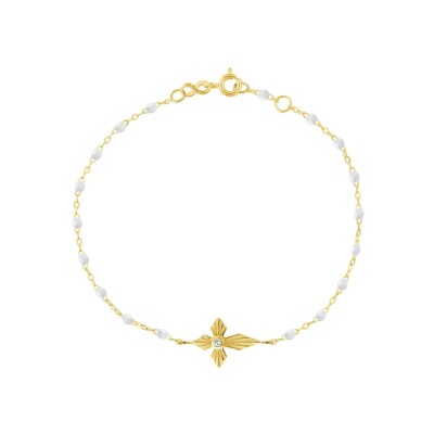Bracelet Gigi Clozeau Croix lumière en or jaune, résine blanche et diamant, 17cm
