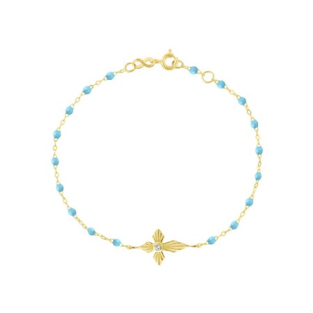 Bracelet Gigi Clozeau Croix lumière en or jaune, résine turquoise bleu et diamant, 17cm