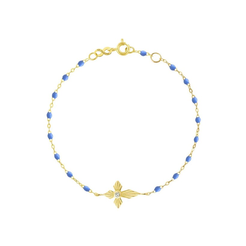 Bracelet Gigi Clozeau Croix lumière en or jaune, résine bleuet et diamant, 17cm