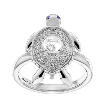 Bague Chopard Happy Animals Turtle en or blanc, saphirs et diamants, taille 53