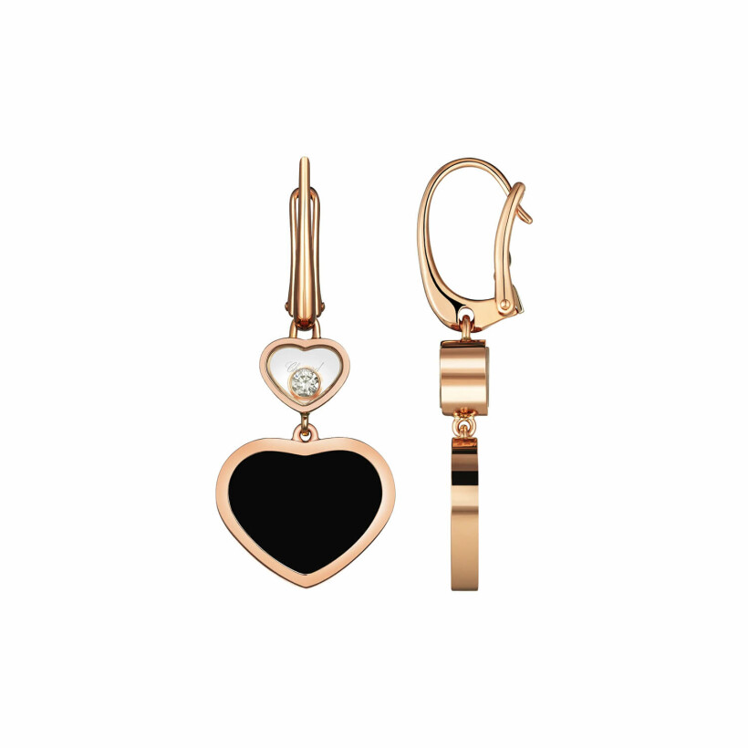 Boucles d'oreilles Chopard Happy Hearts en or rose, diamants et onyx