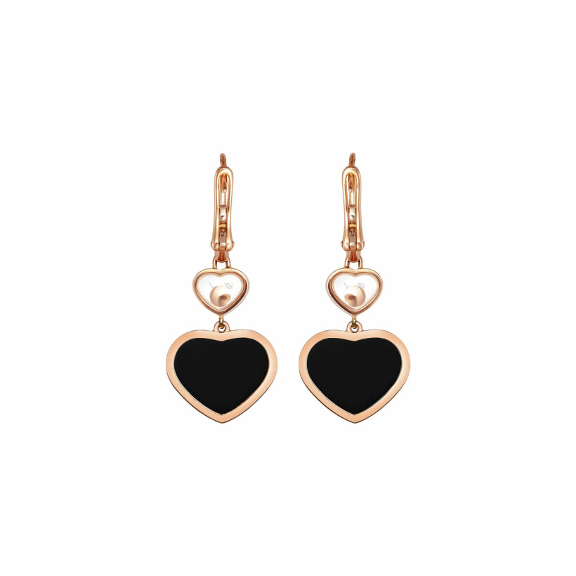 Boucles d'oreilles Chopard Happy Hearts en or rose, diamants et onyx