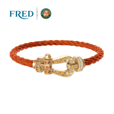 Bracelet FRED Force 10 Grand modèle en or jaune,  diamants et pierres de couleurs, câble en corderie terracotta #FREDxRolandGarros