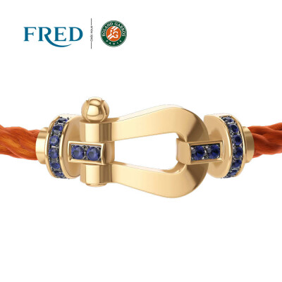 Bracelet FRED Force 10 Grand modèle en or jaune semi pavé de saphirs, grenat mandarin, câble en corderie terracotta #FREDxRolandGarros
