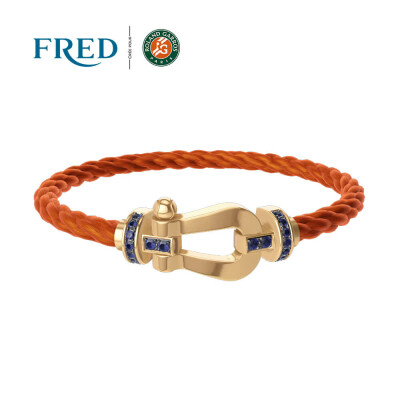Bracelet FRED Force 10 Grand modèle en or jaune semi pavé de saphirs, grenat mandarin, câble en corderie terracotta #FREDxRolandGarros