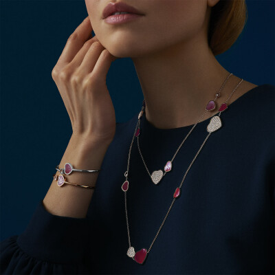 Bracelet Jonc Chopard Happy Hearts en or blanc, diamant et nacre rose (M)