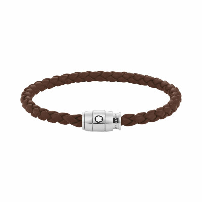 Bracelet Montblanc Meisterstück en acier et cuir marron fauve avec fermeture à 3 anneaux, taille 63