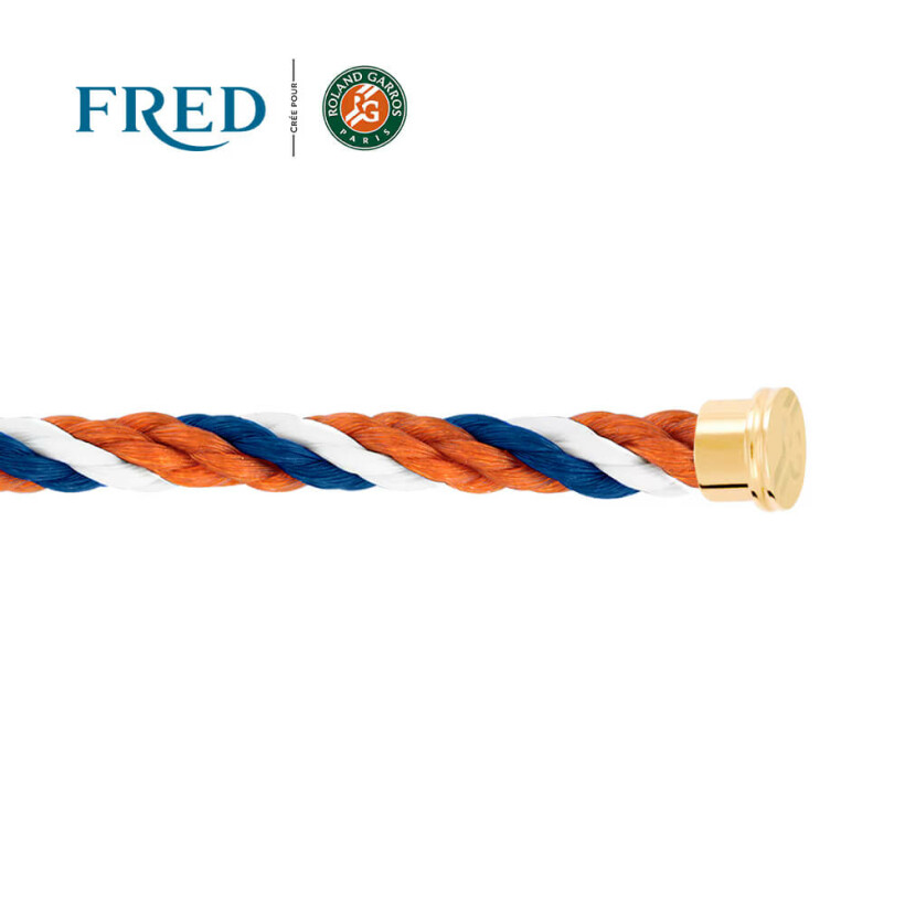 Câble FRED Roland Garros interchangeable Grand Modèle en corderie bleu blanc terracotta, embouts acier plaqué or jaune