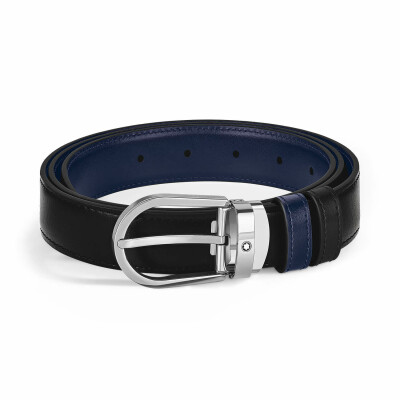 Ceinture Montblanc réversible à boucle fer à cheval de 30mm en cuir noir/bleu encre