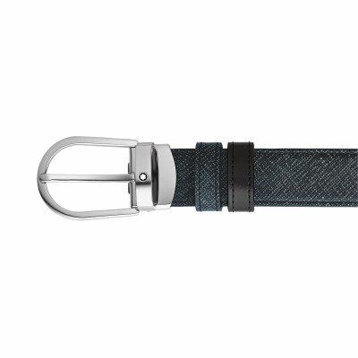 Ceinture Montblanc réversible à boucle fer à cheval de 30mm en cuir noir/bleu tweed