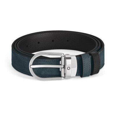 Ceinture Montblanc réversible à boucle fer à cheval de 30mm en cuir noir/bleu velours