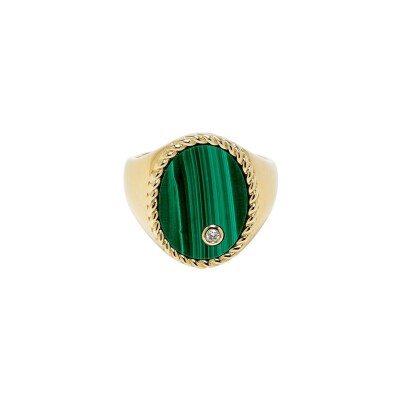 Chevalière ovale Yvonne Léon en or jaune, malachite et diamant