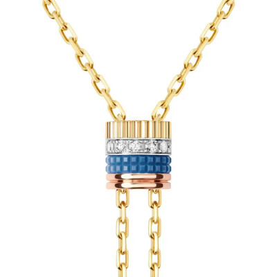 Collier cravate Boucheron Quatre Blue Edition, Petit Modèle en or jaune, rose et blanc, diamants et céramique bleue