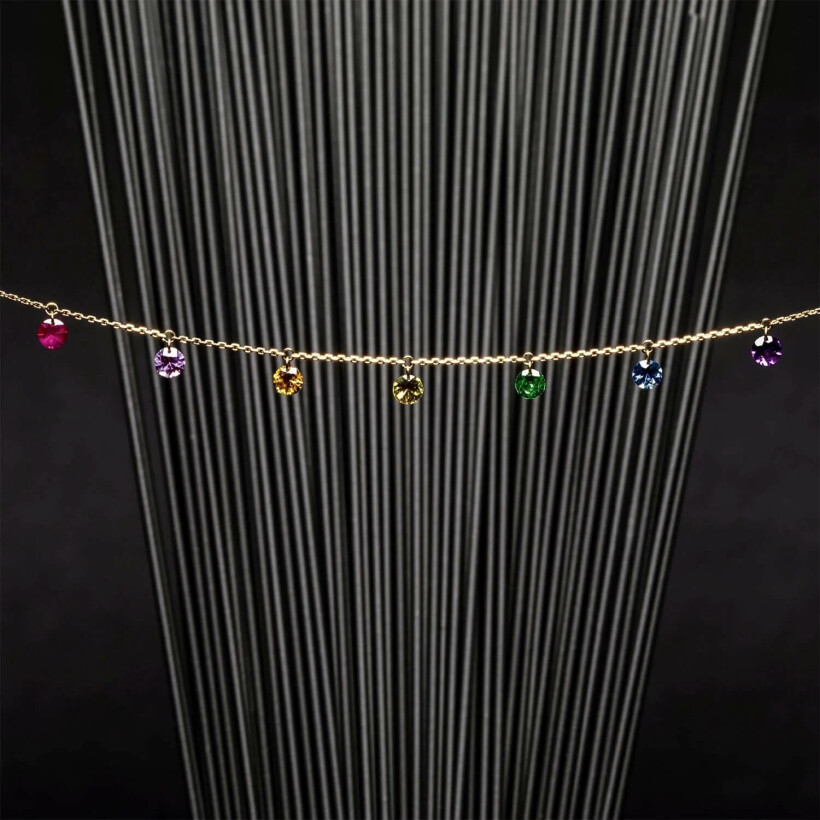 LA BRUNE & LA BLONDE CONFETTI rainbow necklace, yellow gold, rubies, pink, orange, yellow and blue sapphires, tsavorites and 0.90ct amethyst
