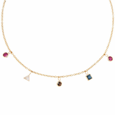 Collier Poiray Lolita en or jaune, rhodolites, topaze blue London, quartz fumé et pierre de lune