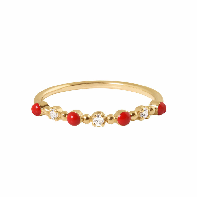 Bague Gigi Clozeau Classique en or jaune, résine coquelicot et diamants, taille 54