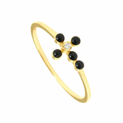 Bague Gigi Clozeau Croix Perlée en or jaune, résine noir et diamant, taille 54