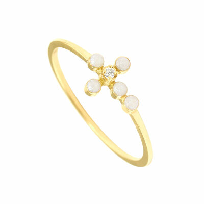 Bague Gigi Clozeau Croix Perlée en or jaune, résine opale et diamant, taille 53