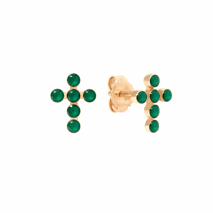 Boucles d'oreilles Gigi Clozeau Croix Perlée en or rose et résine vert émeraude
