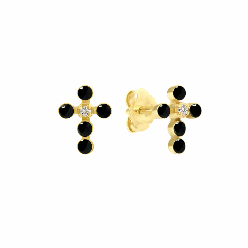 Boucles d'oreilles Gigi Clozeau Croix Perlée en or jaune, résine noir et diamants