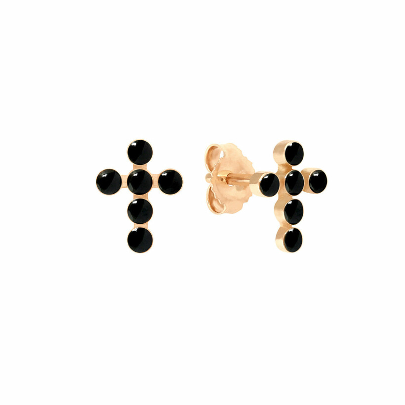 Boucles d'oreilles Gigi Clozeau Croix Perlée en or rose et résine noir