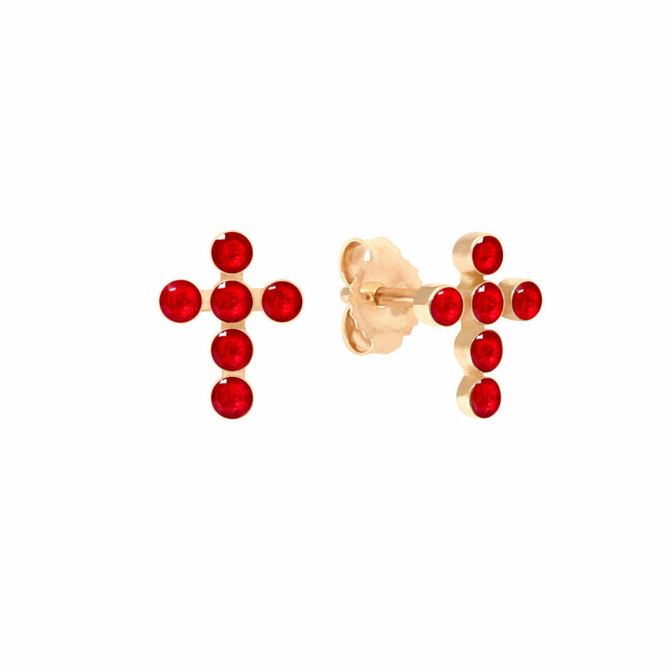 Boucles d'oreilles Gigi Clozeau Croix Perlée en or rose et résine rubis