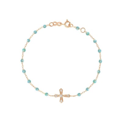 Bracelet Gigi Clozeau Croix Vintage en or rose, résine aqua et diamants, taille 17cm