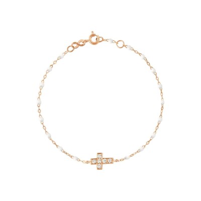 Bracelet Gigi Clozeau Croix en or rose, résine blanche et diamants, taille 17cm