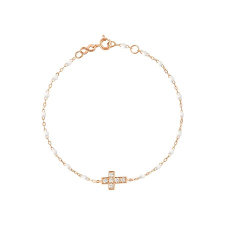 Bracelet Gigi Clozeau Croix en or rose, résine blanche et diamants, taille 17cm