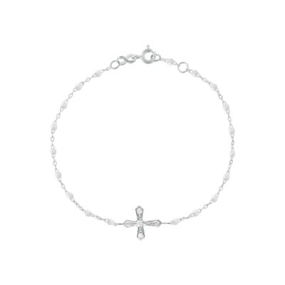 Bracelet Gigi Clozeau Croix Vintage en or blanc, résine blanche et diamants, taille 17cm