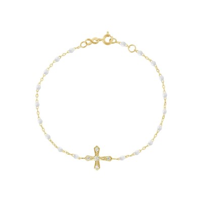 Bracelet Gigi Clozeau Croix Vintage en or jaune, résine blanche et diamants, taille 17cm