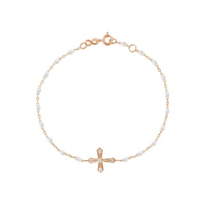 Bracelet Gigi Clozeau Croix Vintage en or rose, résine blanche et diamants, taille 17cm