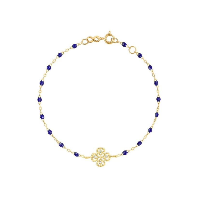 Bracelet Gigi Clozeau Lucky Trèfle en or jaune, résine bleu prusse et diamants, taille 17cm
