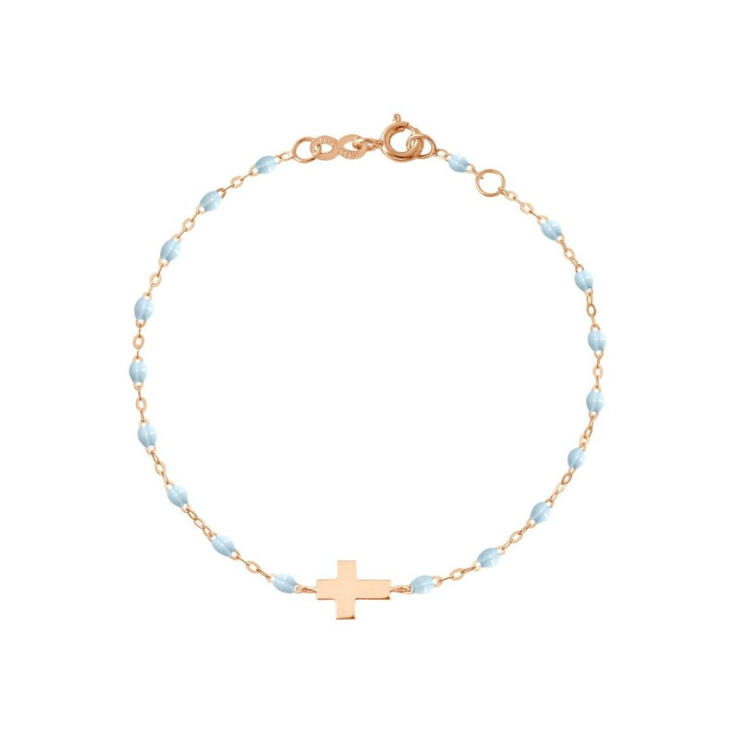 Bracelet Gigi Clozeau Croix en or rose et résine bleu layette, taille 17cm