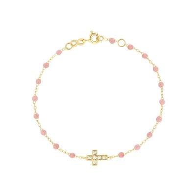 Bracelet Gigi Clozeau Croix en or jaune, résine Blush et diamants, taille 17cm