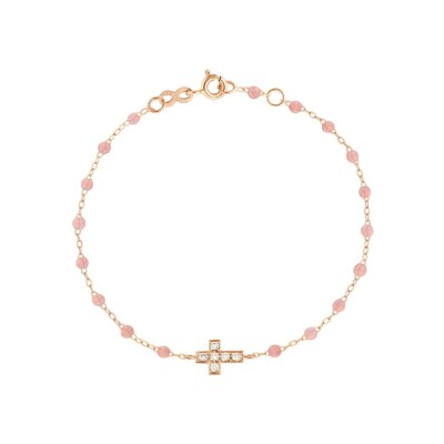 Bracelet Gigi Clozeau Croix en or rose, résine Blush et diamants, taille 17cm