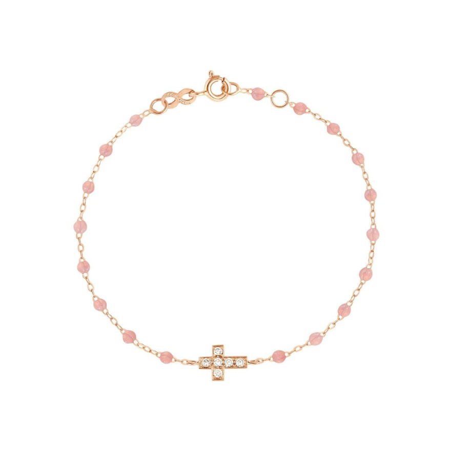 Bracelet Gigi Clozeau Croix en or rose, résine Blush et diamants, taille 17cm