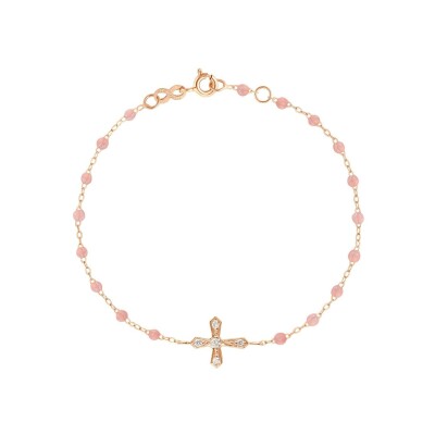 Bracelet Gigi Clozeau Croix Vintage en or rose, résine Blush et diamants, taille 17cm
