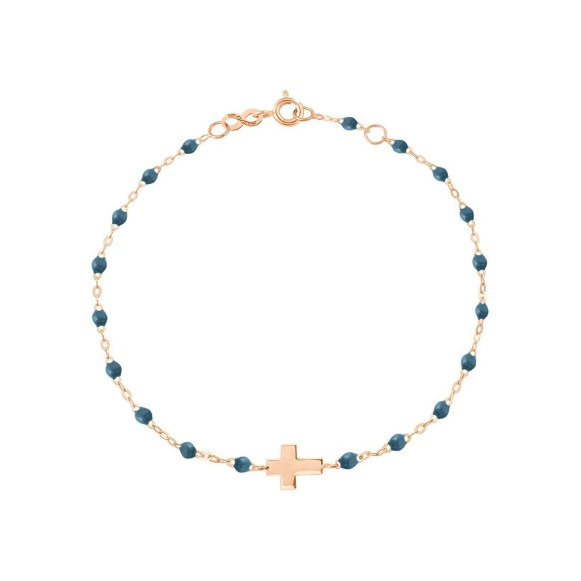 Bracelet Gigi Clozeau Croix en or rose et résine bleu céleste, taille 17cm