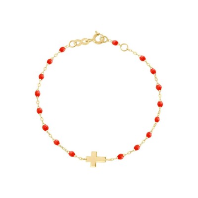 Bracelet Gigi Clozeau Croix en or jaune et résine corail, taille 17cm