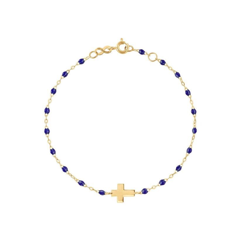 Bracelet Gigi Clozeau Croix en or jaune et résine bleu prusse, taille 15cm