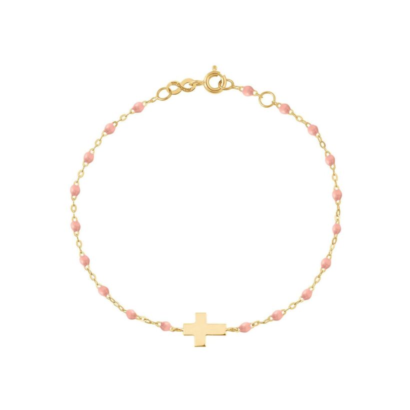 Bracelet Gigi Clozeau Croix en or jaune et résine rose bébé, taille 15cm