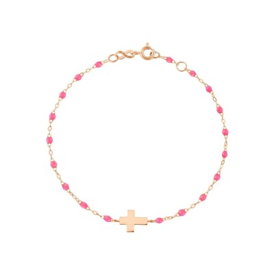 Bracelet Gigi Clozeau Croix en or rose et résine rose fluo, taille 15cm