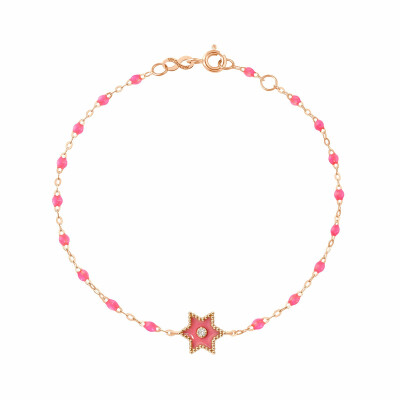 Bracelet Gigi Clozeau Etoile Star en or rose, résine rose fluo et diamant, 17cm