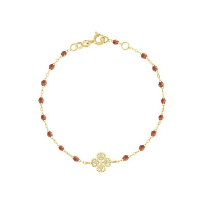 Bracelet Gigi Clozeau Lucky Trèfle en or jaune, résine fauve et diamants, taille 17cm