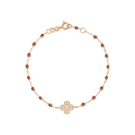 Bracelet Gigi Clozeau Lucky Trèfle en or rose, résine fauve et diamants, taille 17cm