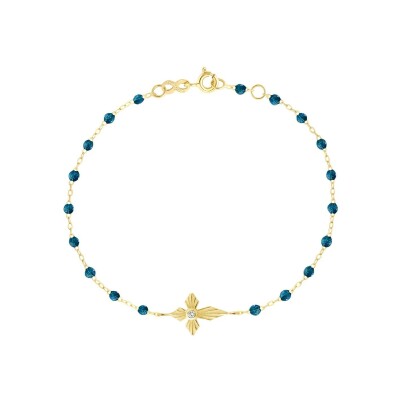 Bracelet Gigi Clozeau Croix lumière en or jaune, résine jungle et diamant, 17cm