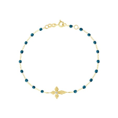 Bracelet Gigi Clozeau Croix lumière en or jaune, résine jungle et diamant, 17cm