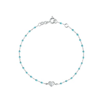 Bracelet Gigi Clozeau Lucky Cœur en or blanc et résine turquoise bleu, taille 17cm